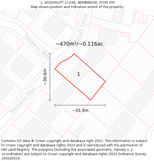 1, WOODNUTT CLOSE, BEMBRIDGE, PO35 5YF: Plot and title map