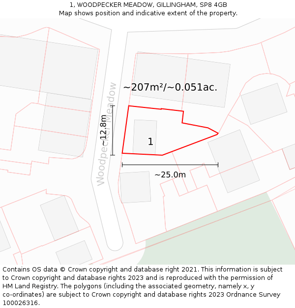 1, WOODPECKER MEADOW, GILLINGHAM, SP8 4GB: Plot and title map