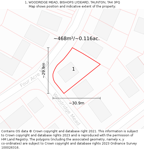 1, WOODRIDGE MEAD, BISHOPS LYDEARD, TAUNTON, TA4 3PQ: Plot and title map