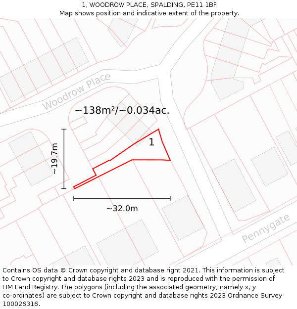 1, WOODROW PLACE, SPALDING, PE11 1BF: Plot and title map