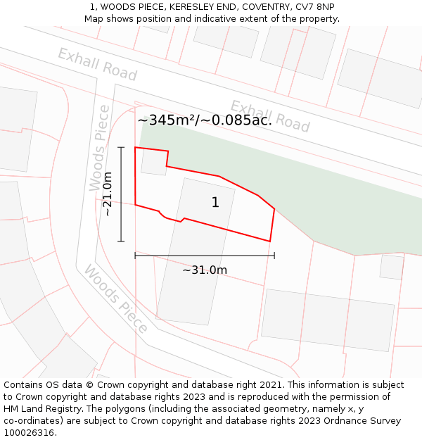 1, WOODS PIECE, KERESLEY END, COVENTRY, CV7 8NP: Plot and title map