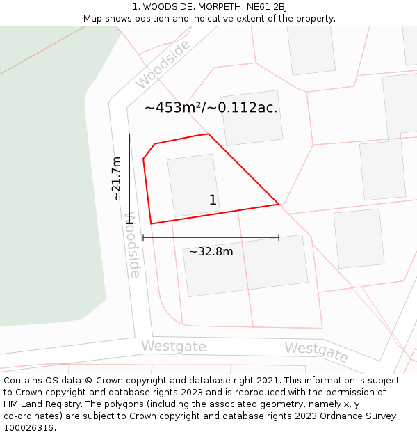 1, WOODSIDE, MORPETH, NE61 2BJ: Plot and title map