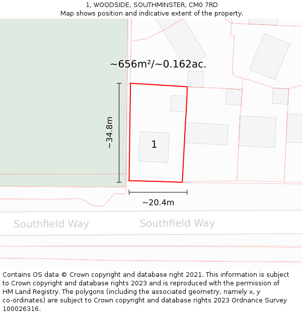 1, WOODSIDE, SOUTHMINSTER, CM0 7RD: Plot and title map