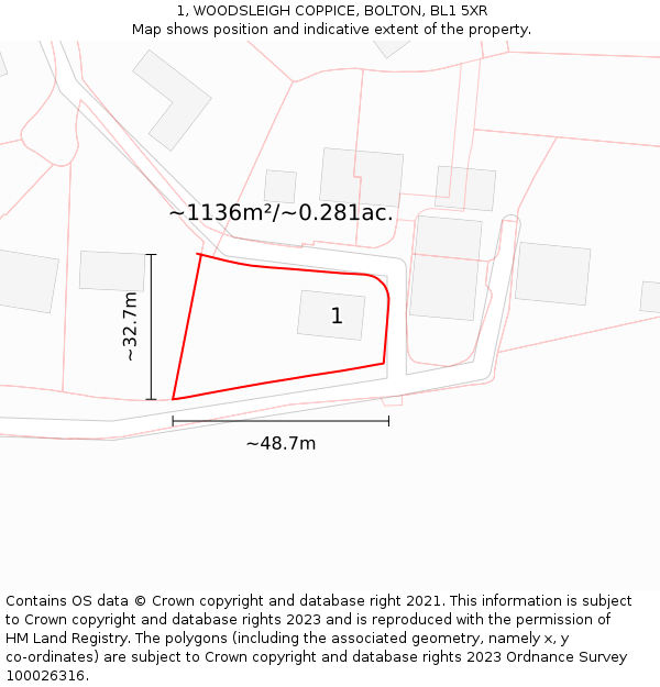 1, WOODSLEIGH COPPICE, BOLTON, BL1 5XR: Plot and title map