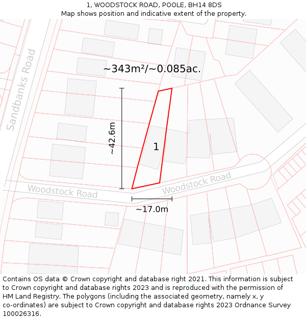 1, WOODSTOCK ROAD, POOLE, BH14 8DS: Plot and title map