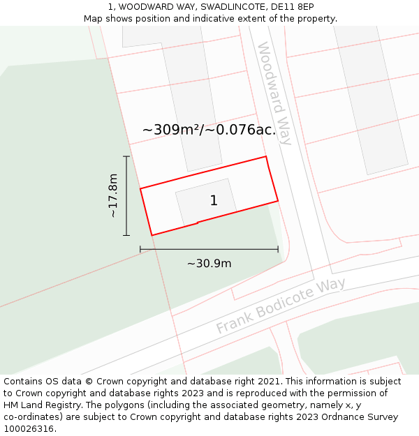 1, WOODWARD WAY, SWADLINCOTE, DE11 8EP: Plot and title map