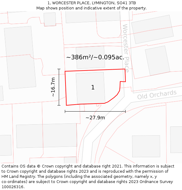 1, WORCESTER PLACE, LYMINGTON, SO41 3TB: Plot and title map