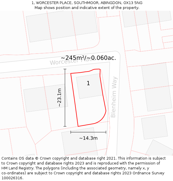 1, WORCESTER PLACE, SOUTHMOOR, ABINGDON, OX13 5NG: Plot and title map