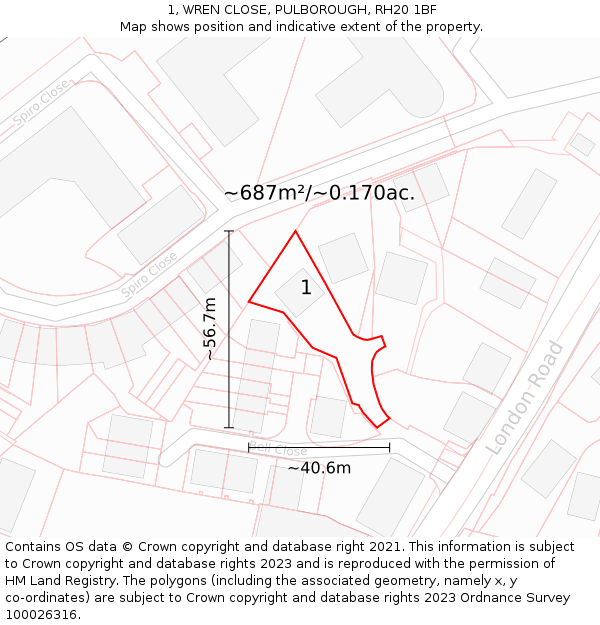 1, WREN CLOSE, PULBOROUGH, RH20 1BF: Plot and title map