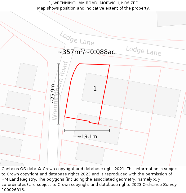 1, WRENNINGHAM ROAD, NORWICH, NR6 7ED: Plot and title map