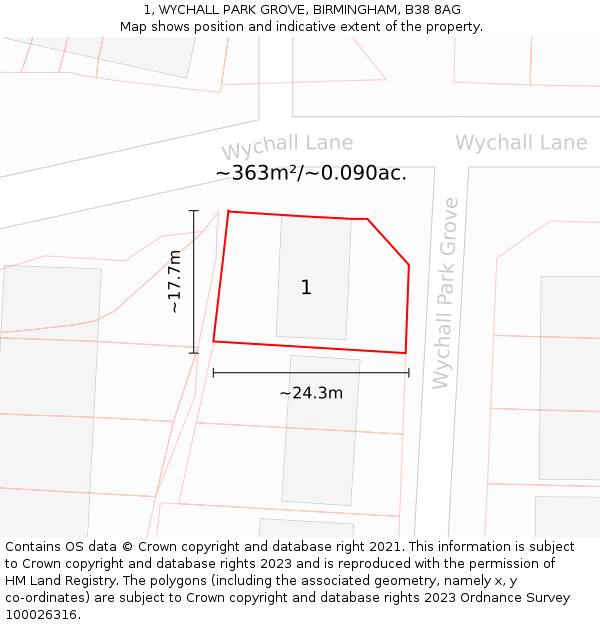 1, WYCHALL PARK GROVE, BIRMINGHAM, B38 8AG: Plot and title map