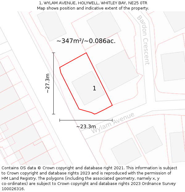 1, WYLAM AVENUE, HOLYWELL, WHITLEY BAY, NE25 0TR: Plot and title map