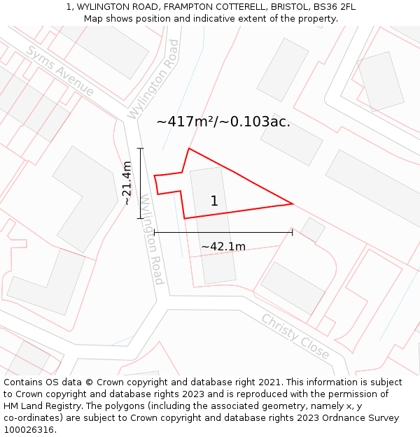 1, WYLINGTON ROAD, FRAMPTON COTTERELL, BRISTOL, BS36 2FL: Plot and title map