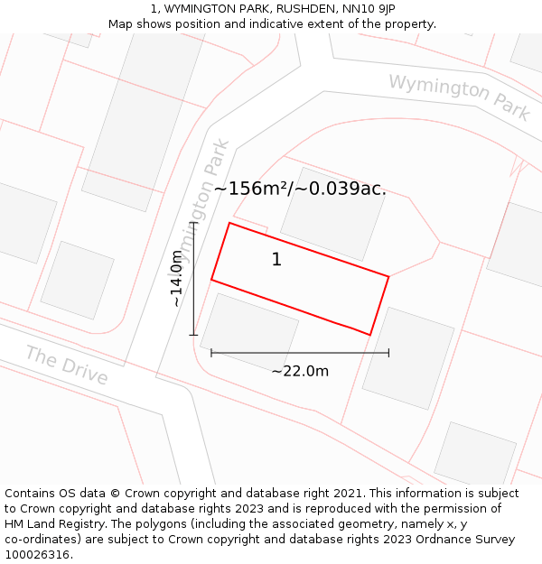 1, WYMINGTON PARK, RUSHDEN, NN10 9JP: Plot and title map