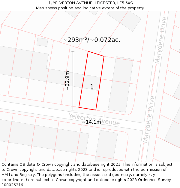 1, YELVERTON AVENUE, LEICESTER, LE5 6XS: Plot and title map