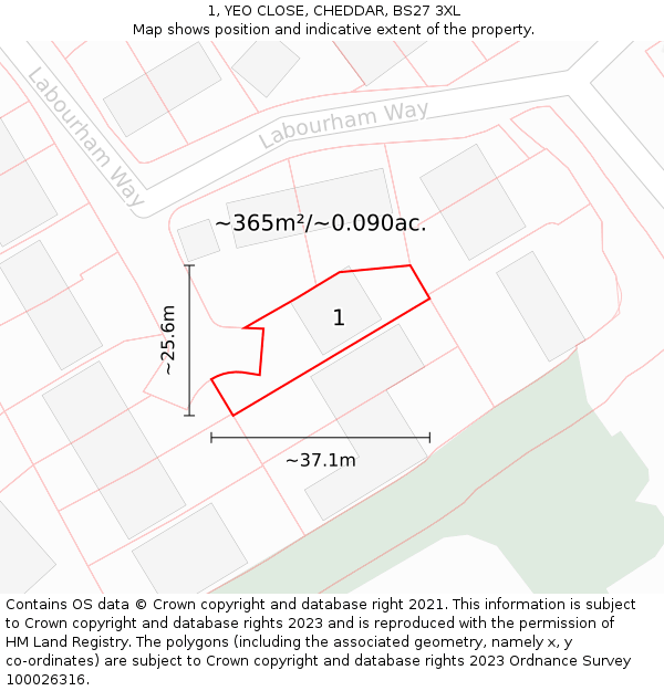 1, YEO CLOSE, CHEDDAR, BS27 3XL: Plot and title map