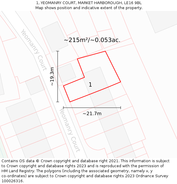 1, YEOMANRY COURT, MARKET HARBOROUGH, LE16 9BL: Plot and title map