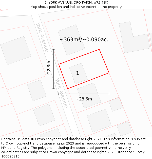1, YORK AVENUE, DROITWICH, WR9 7BX: Plot and title map