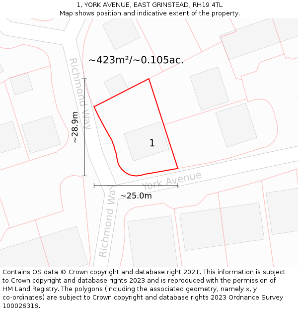 1, YORK AVENUE, EAST GRINSTEAD, RH19 4TL: Plot and title map