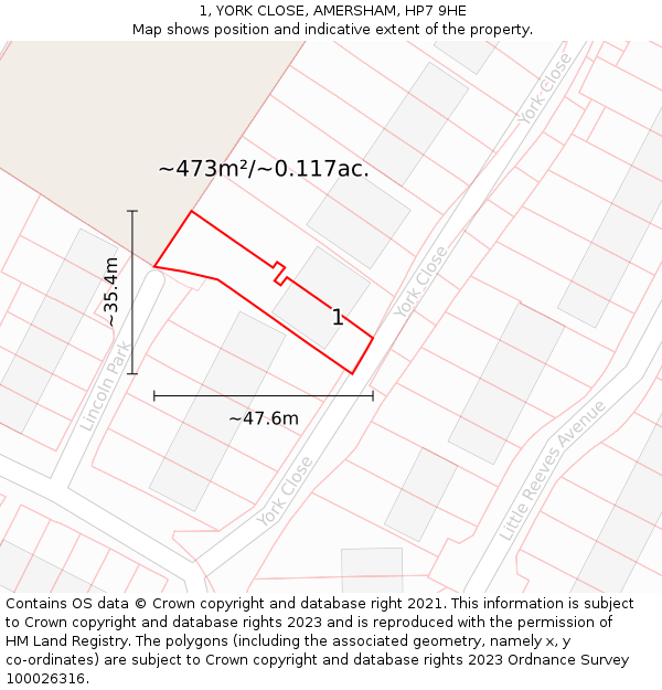 1, YORK CLOSE, AMERSHAM, HP7 9HE: Plot and title map