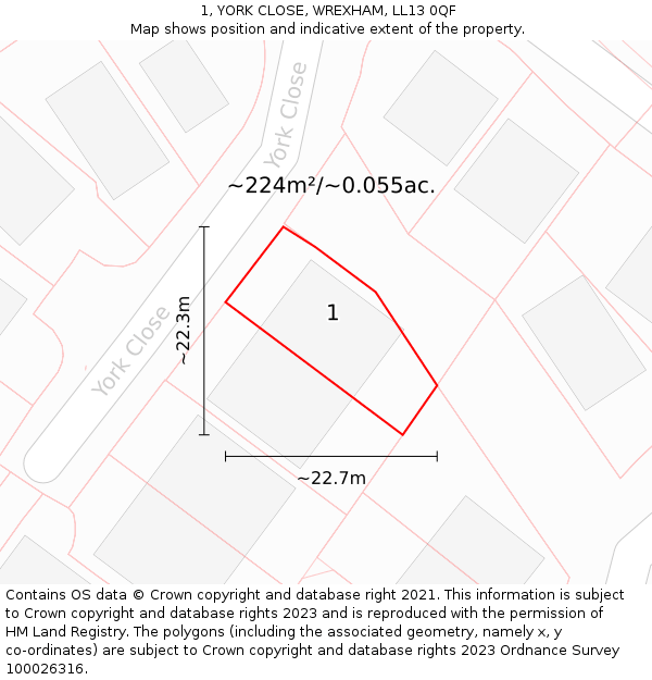 1, YORK CLOSE, WREXHAM, LL13 0QF: Plot and title map