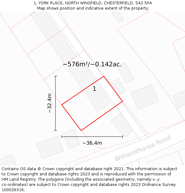 1, YORK PLACE, NORTH WINGFIELD, CHESTERFIELD, S42 5PA: Plot and title map