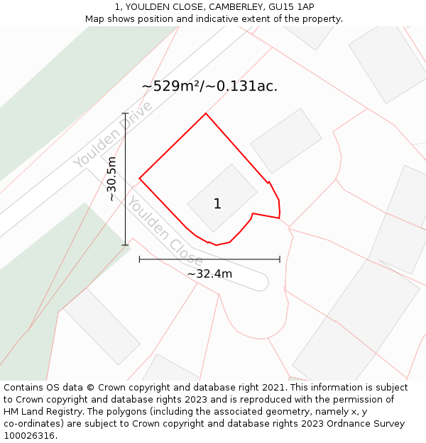 1, YOULDEN CLOSE, CAMBERLEY, GU15 1AP: Plot and title map