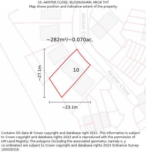 10, AKISTER CLOSE, BUCKINGHAM, MK18 7HT: Plot and title map