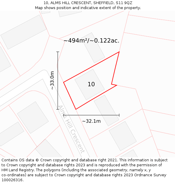 10, ALMS HILL CRESCENT, SHEFFIELD, S11 9QZ: Plot and title map