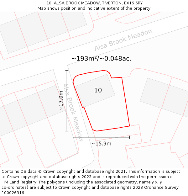 10, ALSA BROOK MEADOW, TIVERTON, EX16 6RY: Plot and title map