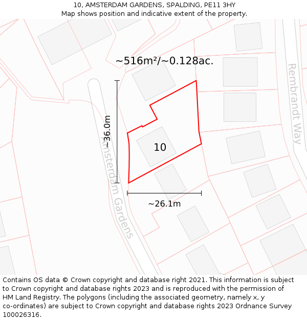 10, AMSTERDAM GARDENS, SPALDING, PE11 3HY: Plot and title map
