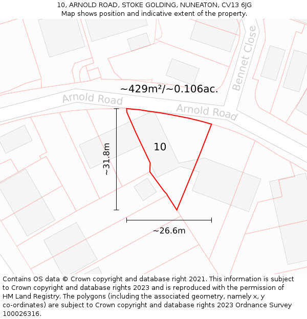 10, ARNOLD ROAD, STOKE GOLDING, NUNEATON, CV13 6JG: Plot and title map