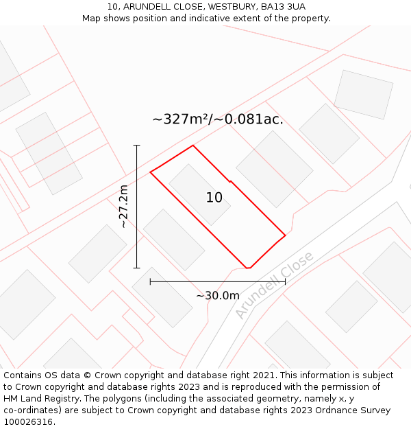 10, ARUNDELL CLOSE, WESTBURY, BA13 3UA: Plot and title map