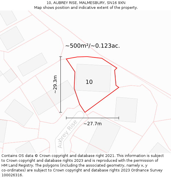 10, AUBREY RISE, MALMESBURY, SN16 9XN: Plot and title map