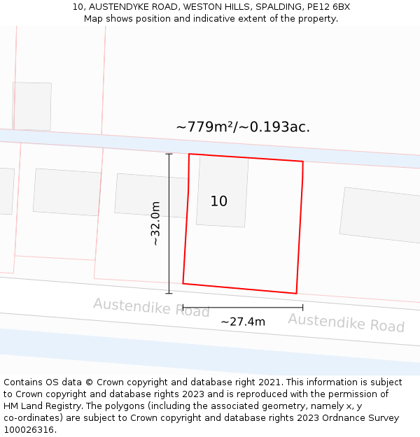 10, AUSTENDYKE ROAD, WESTON HILLS, SPALDING, PE12 6BX: Plot and title map