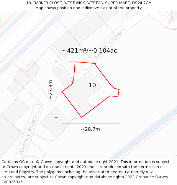 10, BARKER CLOSE, WEST WICK, WESTON-SUPER-MARE, BS24 7GA: Plot and title map