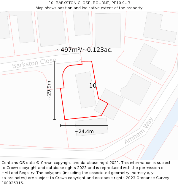 10, BARKSTON CLOSE, BOURNE, PE10 9UB: Plot and title map