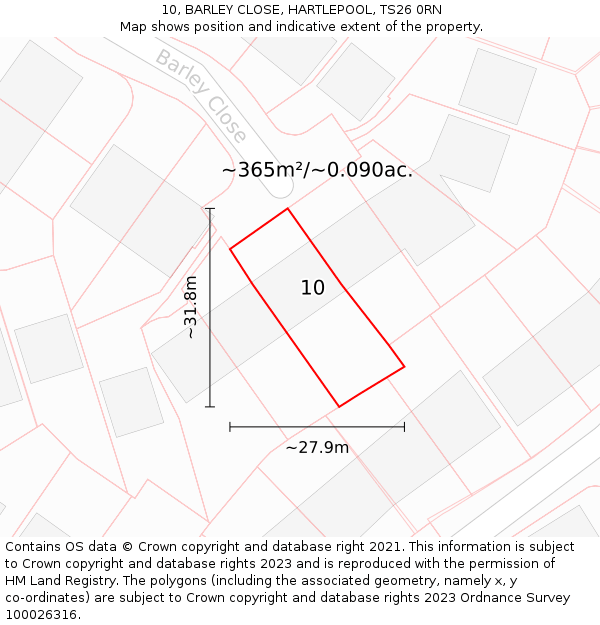 10, BARLEY CLOSE, HARTLEPOOL, TS26 0RN: Plot and title map