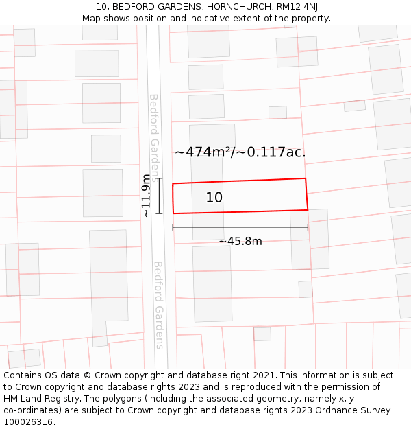 10, BEDFORD GARDENS, HORNCHURCH, RM12 4NJ: Plot and title map