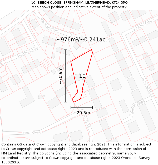 10, BEECH CLOSE, EFFINGHAM, LEATHERHEAD, KT24 5PQ: Plot and title map