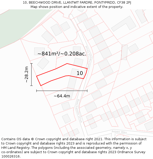 10, BEECHWOOD DRIVE, LLANTWIT FARDRE, PONTYPRIDD, CF38 2PJ: Plot and title map