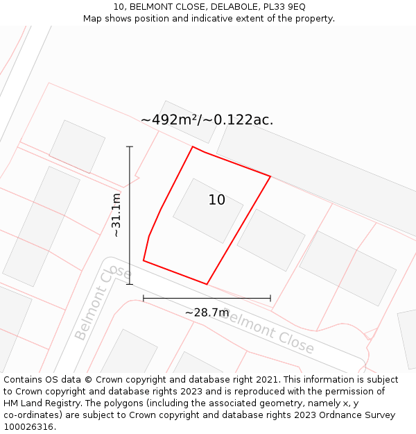 10, BELMONT CLOSE, DELABOLE, PL33 9EQ: Plot and title map