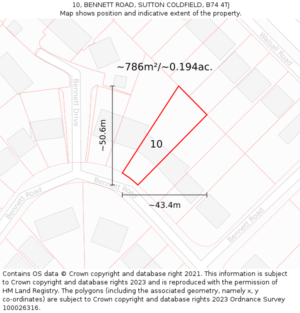 10, BENNETT ROAD, SUTTON COLDFIELD, B74 4TJ: Plot and title map