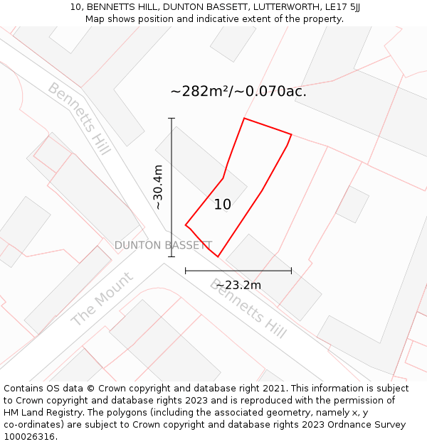 10, BENNETTS HILL, DUNTON BASSETT, LUTTERWORTH, LE17 5JJ: Plot and title map