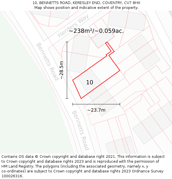 10, BENNETTS ROAD, KERESLEY END, COVENTRY, CV7 8HX: Plot and title map