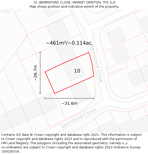 10, BERRISFORD CLOSE, MARKET DRAYTON, TF9 1LG: Plot and title map