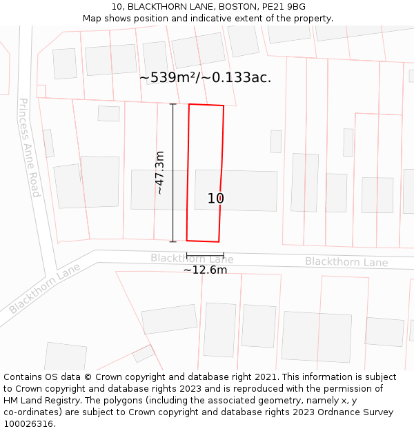 10, BLACKTHORN LANE, BOSTON, PE21 9BG: Plot and title map