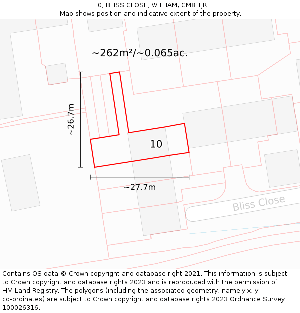 10, BLISS CLOSE, WITHAM, CM8 1JR: Plot and title map