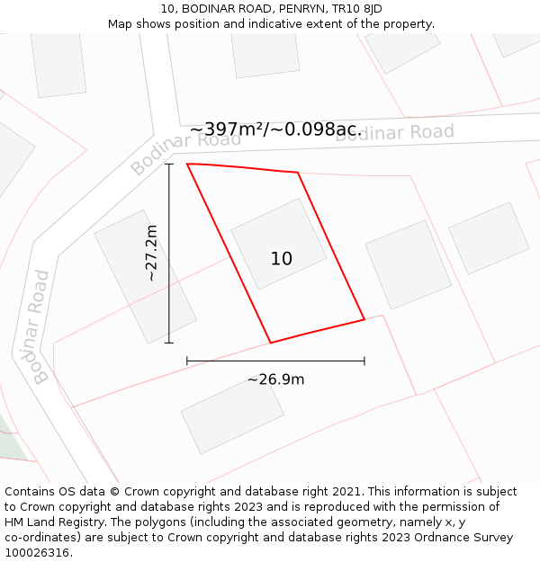 10, BODINAR ROAD, PENRYN, TR10 8JD: Plot and title map