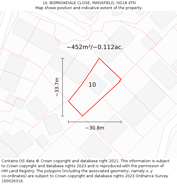 10, BORROWDALE CLOSE, MANSFIELD, NG18 4TN: Plot and title map